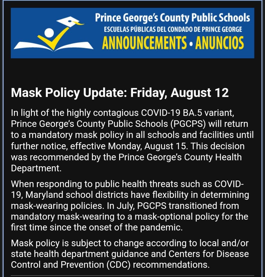 🚨 BREAKING 🚨 Update to the PGCPS Mask Policy! 😷