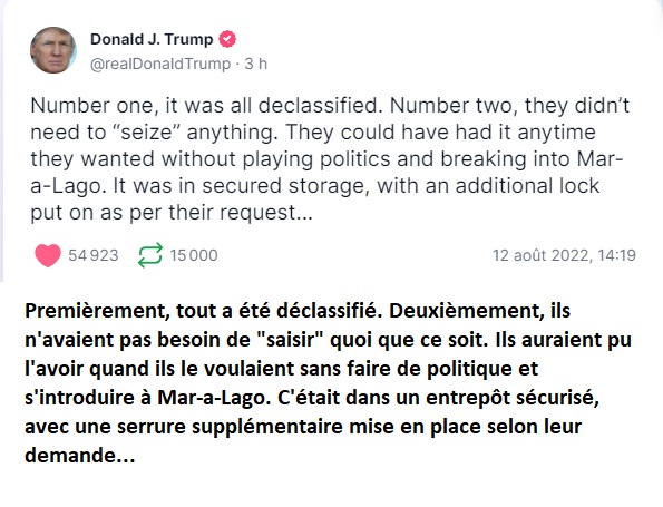 benoitm_mtl's tweet photo. Donald Trump confirme dans un 1er THRUTH que tout a été déclassifié et dans un 2e THRUTH... profite de la boite de Pandore ouverte (par l'administration Biden) pour sortir un jocker de sa main. 💥😎🎯 https://t.co/bMktKfAIGC