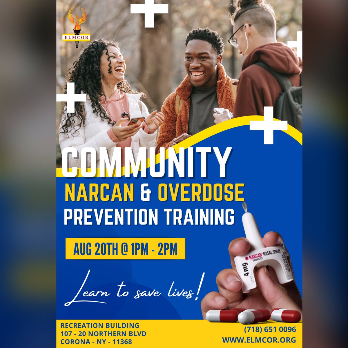 On Saturday August 20, the Community is invited to a Narcan &amp; Overdose Prevention Training hosted by Elmcor. Come out and learn how to recognize the signs of opioid overdose and the proper administering of the opioid overdose reversal drug Narcan. #Elmcor #Community #Savelives