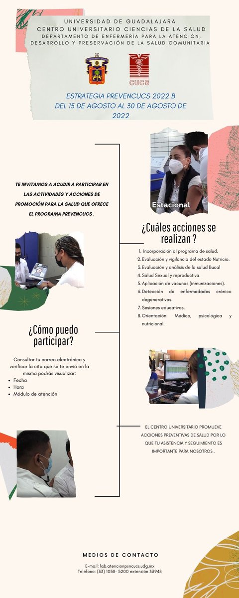 OficialCUCS's tweet photo. El Depto de Enfermería para la Atención, Desarrollo y Preservación de la Salud Comunitaria a través del PREVENCUCS extienden la invitación a la #ComunidadCUCS 🦁 a participar en las actividades y conocer las acciones de promoción para la salud que ofrece el programa👏 https://t.co/EB9mzgWnNT