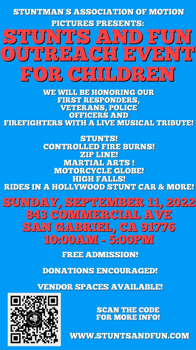 #SaveTheDate: 
Sunday September 11, 2022!!! Visit stuntsandfun.com 
for more info! 
#VendorSpacesAvailable #Donations Encouraged.