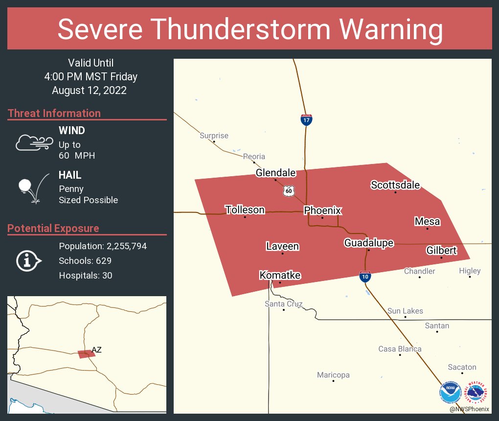 Severe Thunderstorm Warning including Phoenix AZ, Mesa AZ and Glendale ...