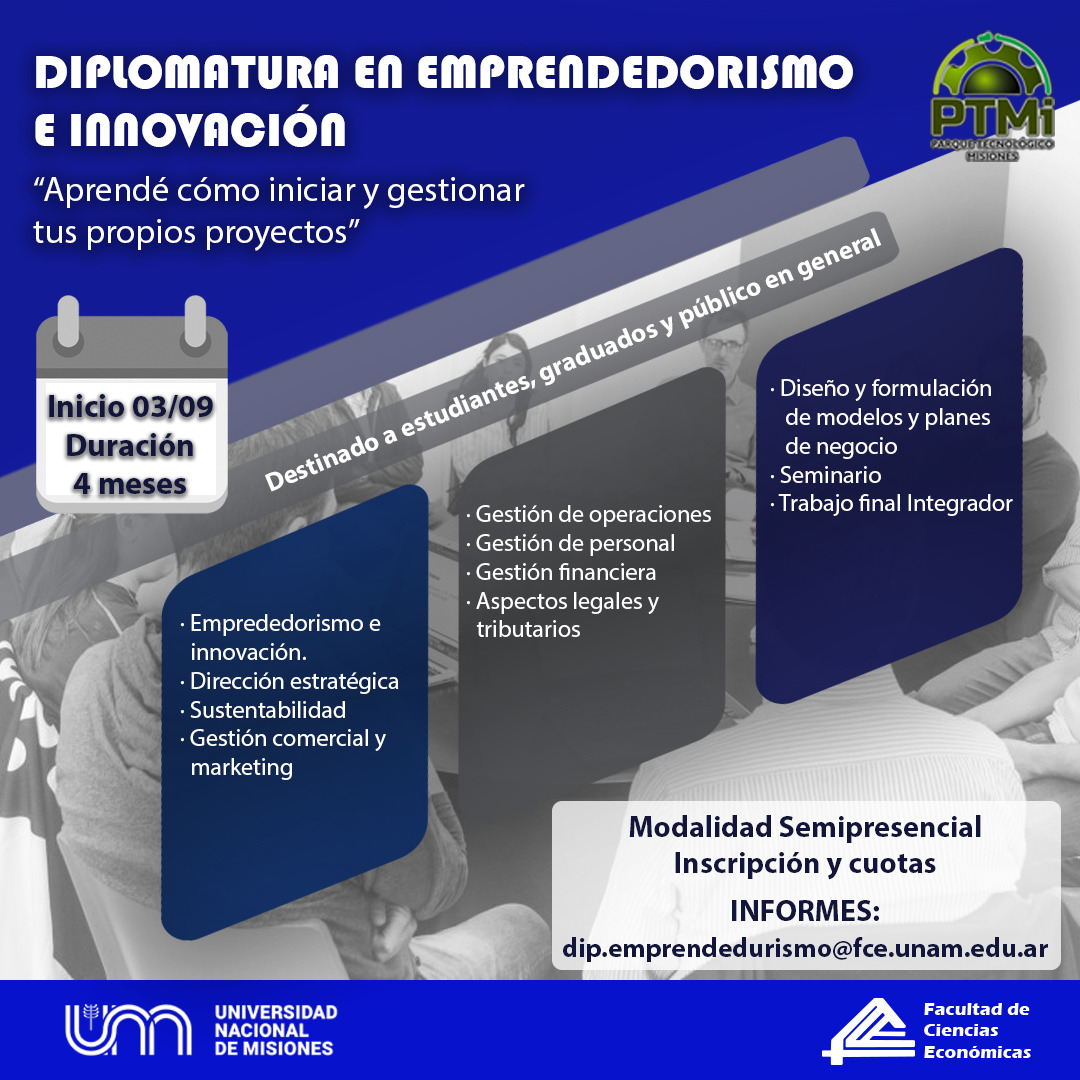 ➡️ Inicia un nuevo cursado de la #DIPLOMATURA EN #EMPRENDEDORISMO E INNOVACIÓN.
¿Cómo iniciar y gestionar tu emprendimiento?
📅A partir del 3/09/2022 en la #FCEUNaM <a href="/un_misiones/">UNaM</a> 
🧑‍💻Más información, inscripción y contacto en el enlace: fce.unam.edu.ar/diplomatura-en…