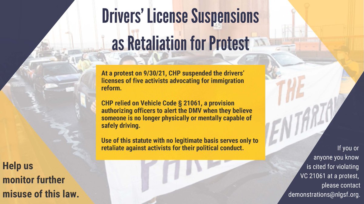 If you or anyone know you know is cited for violating VC 21061 at a protest please email demonstrations@nlgsf.org