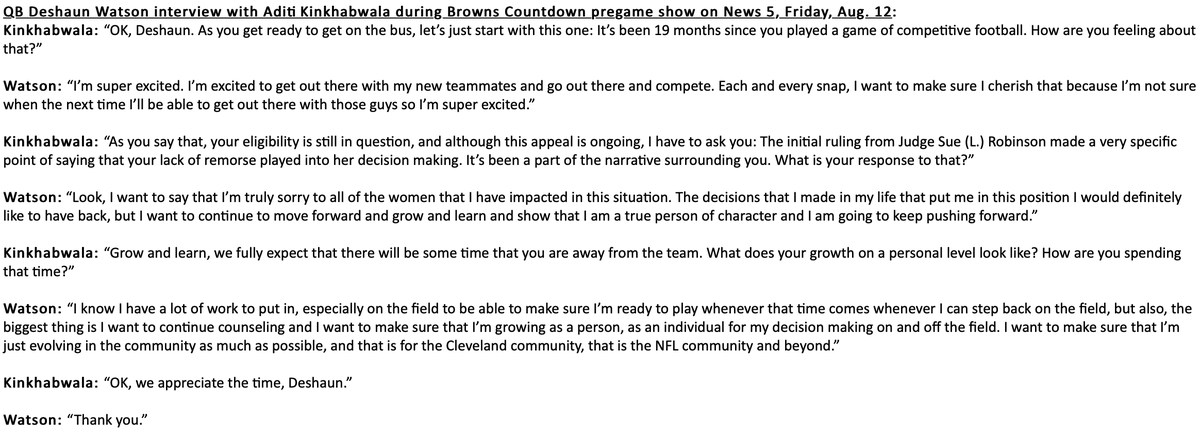 Jake_Trotter's tweet photo. For the first time, Deshaun Watson apologizes to the women who have accused him of inappropriate sexual misconduct. On the #Browns pregame show, he tells @AKinkhabwala: “I want to say that I’m truly sorry to all of the women that I have impacted…” Transcript of interview: https://t.co/7dDJYVZAav
