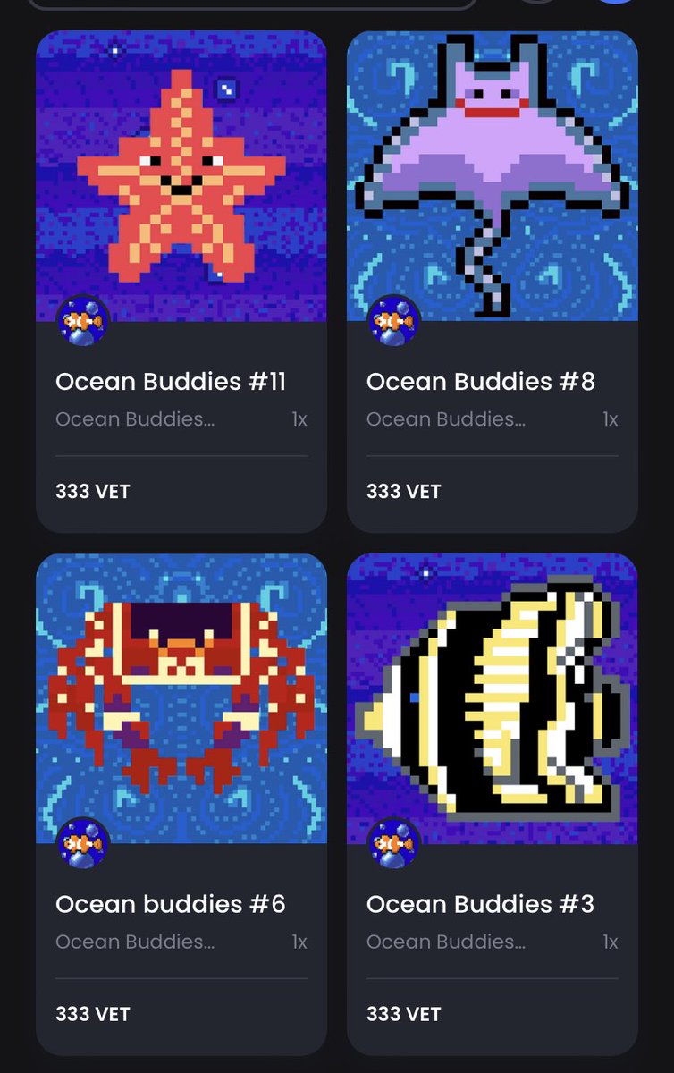 OceanBuddiesNFT's tweet photo. Only 5 of the originals are left! 👀 
Who’s going to scoop them up before the next batch drops 🥵🔥🔥🔥
#VeChainHasNFTs $VET $YEET 
#VeFam #CroFam https://t.co/nrvLFp3x9f