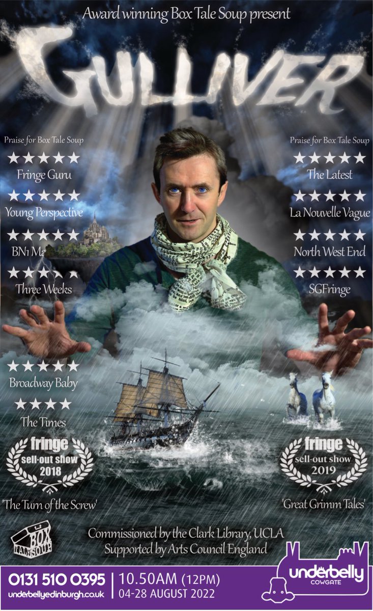 BoxTaleSoup's tweet photo. Come and join us for ‘Gulliver’ at #EdFringe2022 … 
⭐️⭐️⭐️⭐️⭐️ “magical” @ThreeWeeks 
⭐️⭐️⭐️⭐️⭐️ “wonderful” @theweereview 
⭐️⭐️⭐️⭐️⭐️ “outstanding” @ScotsgayArts 
You’ll find us at 10.50am @FollowTheCow on Cowgate, tickets here: https://t.co/Ir9aMQQjDr #Gulliver2022 #edfringe https://t.co/XRhV6Ehbwk