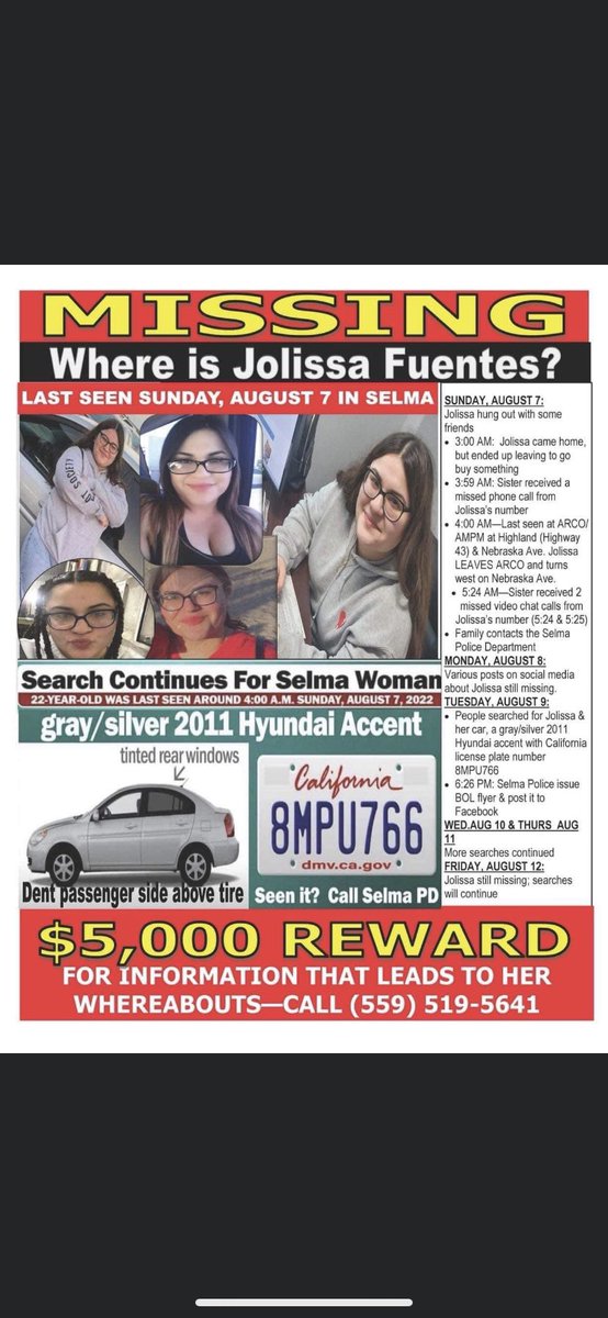 audreey_blisss's tweet photo. PSA ‼️‼️‼️ 
MISSING 22 YEAR OLD YOUNG LADY JOLISSA FUENTES LAST SEEN SUNDAY AUGUST 7TH AT 4AM AT ARCO IN SELMA CA THEN HER SISTER GOT TWO MISSED CALLS FROM JOLISSA 
TAKES 2 SECONDS TO SHARE RT https://t.co/3sy1qdQ49S