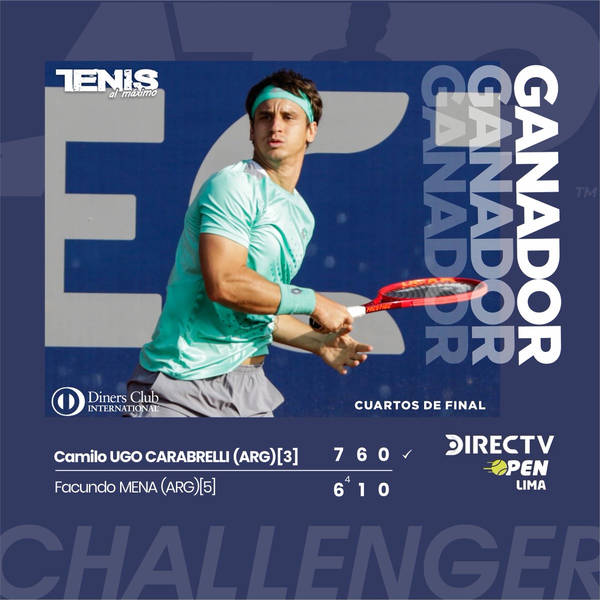 Tenisalmaximo's tweet photo. #ATPChallenger | En el segundo duelo argentino del día, Camilo Ugo Carabelli (121°) tercera siembra, firmo su ingreso a la semifinal individual del "Directv Open Lima" Presentado por Diners Club, al vencer en sets corridos a Facundo Mena (138°) sexta siembra. 
#DinersClubPeru https://t.co/2zglYkp1vq