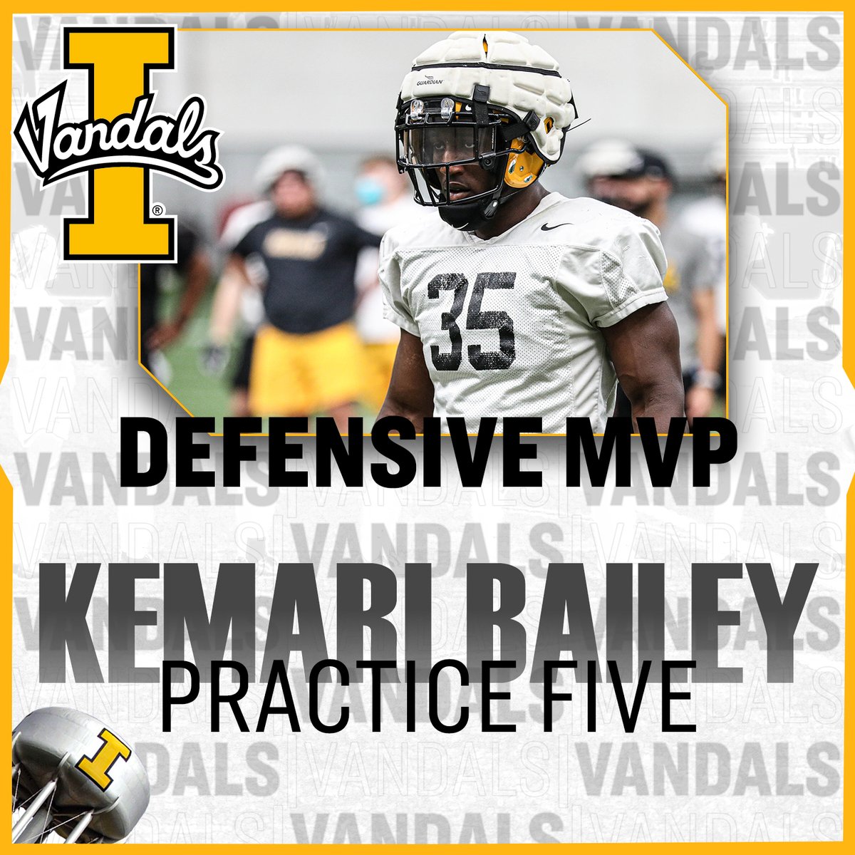 VandalFootball's tweet photo. On to practice five! @Jeremiahsalaam earned the Battle Axe, @jackofur was the OMVP and @theycallmeKB35 picked up DMVP honors. https://t.co/gB6pQmYtae