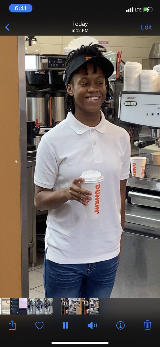 Her second day at work at her first “real” job! Proud of this kid.  I’m a very blessed man. 
<a href="/dunkindonuts/">Dunkin'</a> this is potentially a VERY good promo pic! I’m just saying!! She’s holding that cup like a pro!!😉☺️
#Milestones #FirstJob #TimeFlies