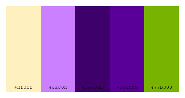 ColPaletteBot's tweet photo. Beep beep, here's a pretty color palette for you!
color-scheme.js parameters used:
- hue: 295
- variation: default
- colors: #fff0bf, #ca80ff, #3e006b, #590099, #77b300
Have a lovely evening!
#twitterbot #colorpalette #colors #palette #prettycolors https://t.co/7ATn8GxZT4