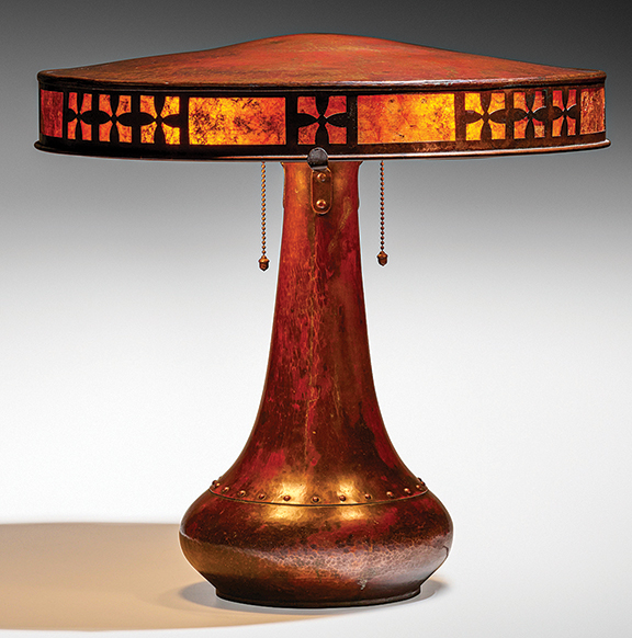 AntiqueDigest's tweet photo. Dirk van Erp (1860-1933), flat-top table lamp, C 1925, hammered copper and mica, 18" H x 19¼" D, sold for $16,250 (est. $7000/9000) at @RagoAuctions https://t.co/aPn7AAE3pt #antiques #antique #DirkvanErp #vanErp #ArtsandCraftys #mission #lamp #lamps #lighting #art https://t.co/kRDtHMpHhB