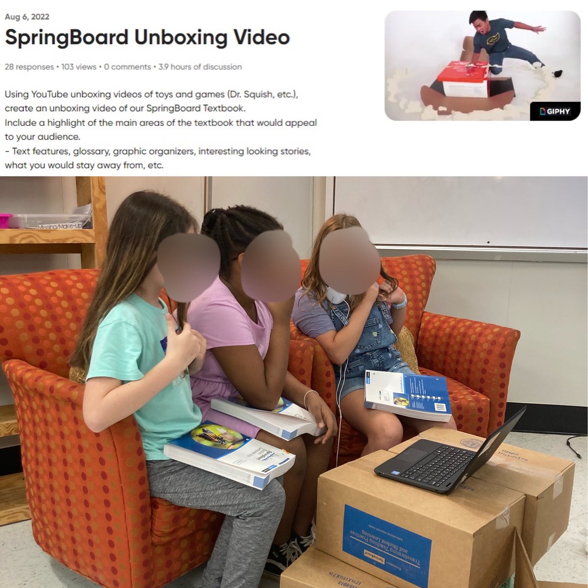 mrsaunderwood's tweet photo. How do you make setting up textbooks engaging? Task the scholars with creating an โunboxingโ video YouTube style using @MicrosoftFlip! Bonus: low-cognitive load intro to #flippinawesome features! @Mabry_MS_Cobb @CobbInTech @COBB_ELA #flipSVA #flipguide https://t.co/cTXcWTU0Bd