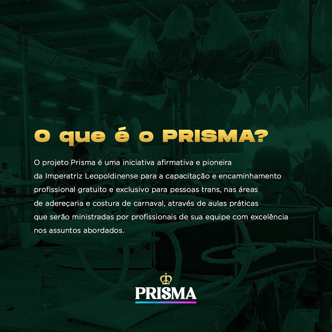oficialgresil's tweet photo. Em mais uma iniciativa pioneira dentro do programa Imperatriz Social, a Imperatriz anuncia a abertura do Projeto Prisma, voltado para capacitação e encaminhamento profissional gratuito e exclusivo de pessoas trans em adereçaria e costura. 

Inscreva-se:
https://t.co/XCiig2rm4B https://t.co/vw7e74hek2
