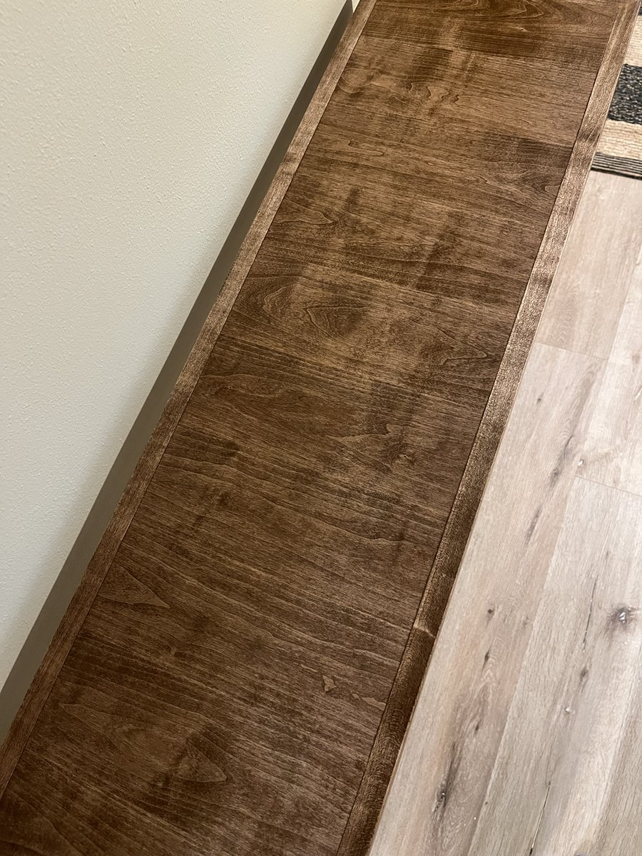 bluechoux's tweet photo. Wrapped a quick #woodworking project today. A simple hairpin leg entry table. Walnut-stained maple, slatted design with a frame, water-based finish. Pretty happy with how it turned out. It was a good excuse to add a couple more clamps to the collection. 😁 https://t.co/qSheui2hlo