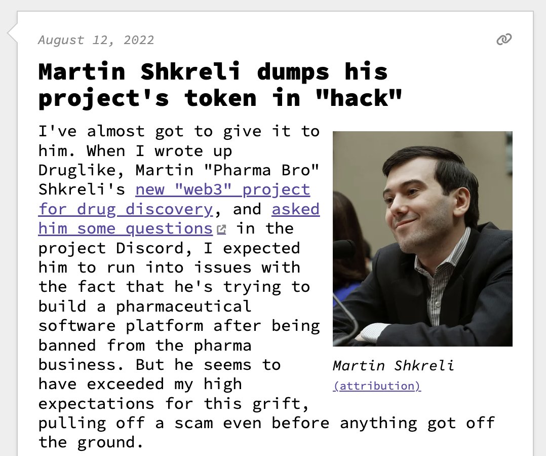 web3isgreat's tweet photo. Martin Shkreli dumps his project's token in "hack"

August 12, 2022
https://t.co/WjuuOyof2k https://t.co/AlGL1hP7LT
