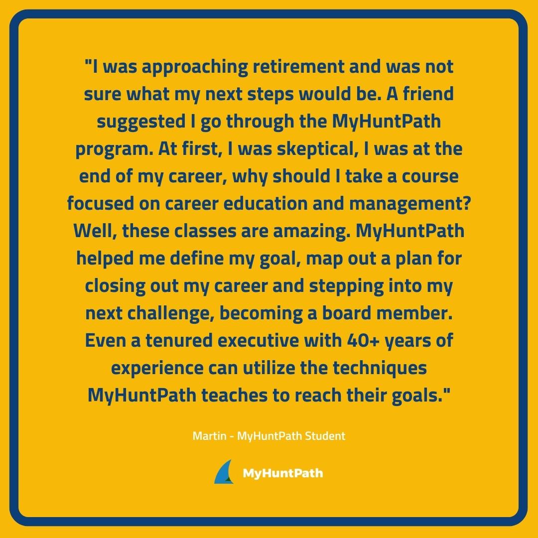 MyHuntPath's tweet image. Looking to begin your encore career?

We can help you leverage existing connections, get a board member seat, or whatever position it may be that would be the cherry on top for your career.

Contact us today! 📝