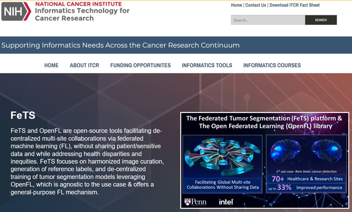 Federated Tumor Segmentation (FeTS) Initiative (@fets_ai) on Twitter photo We have been featured on the main NIH ITCR webpage! Gratitude to #NCI and #ITCR for conferring us for this honor. Looking forward to continued success.
<a href="/SpyridonBakas/">Spyridon Bakas</a> <a href="/SarthakPati/">Sarthak Pati</a> <a href="/ujjwalbaid0408/">Ujjwal Baid</a> <a href="/prashantpdx/">Prashant Shah</a> <a href="/CBICAannounce/">CBICA Announcements</a> <a href="/PennRadiology/">Penn Radiology</a> <a href="/Penn/">Penn</a> <a href="/IntelAI/">Intel AI</a>
itcr.cancer.gov We have been featured on the main NIH ITCR webpage! Gratitude to #NCI and #ITCR for conferring us for this honor. Looking forward to continued success.
<a href="/SpyridonBakas/">Spyridon Bakas</a> <a href="/SarthakPati/">Sarthak Pati</a> <a href="/ujjwalbaid0408/">Ujjwal Baid</a> <a href="/prashantpdx/">Prashant Shah</a> <a href="/CBICAannounce/">CBICA Announcements</a> <a href="/PennRadiology/">Penn Radiology</a> <a href="/Penn/">Penn</a> <a href="/IntelAI/">Intel AI</a>
itcr.cancer.gov