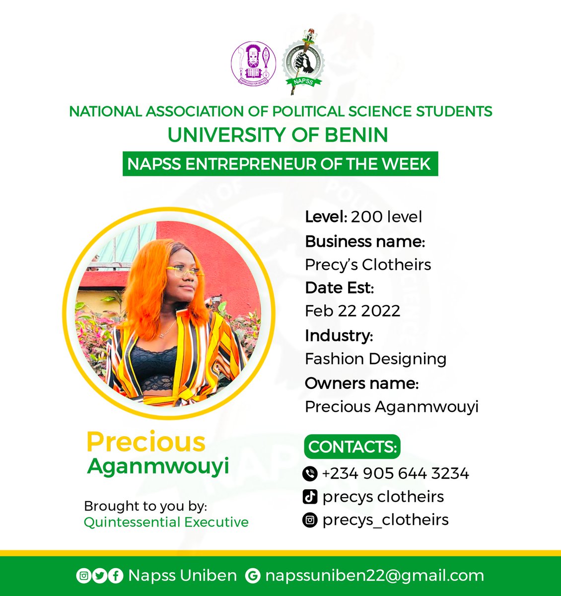 NapssUniben's tweet photo. Napss Entrepreneur of the week
Precious Aganmwouyi

Designed by @destinyosarenti 

#Napss #NapssUniben #Uniben #ASUUstrike https://t.co/qjfXcOQRuY