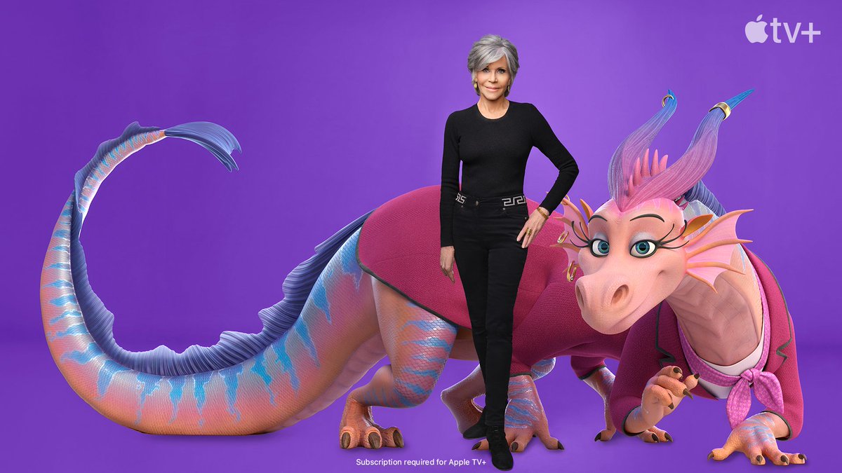 AppleTV's tweet photo. @simonpegg @WhoopiGoldberg @Janefonda @AppleTVPlus “It's not every day you get a chance to play a dragon whose name is Babe and who is the boss of the Land of Luck who rules over all kinds of interesting characters.”

- @Janefonda https://t.co/RyAq4fqq7Q