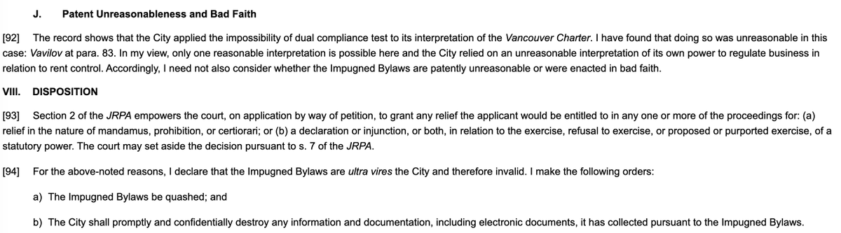 A B.C. Supreme Court judge has ordered a Vancouver city bylaw that applied vacancy control to SROs (rent tied to unit, not tenant) be quashed. #vanpoli bccourts.ca/jdb-txt/sc/22/…