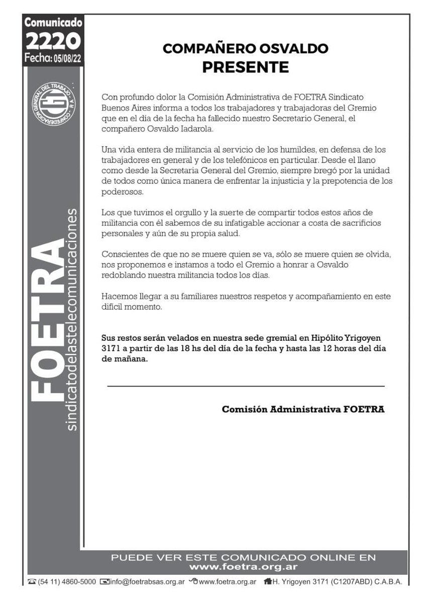 Compañero Osvaldo, ¡PRESENTE!