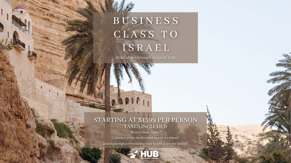 HubFares's tweet photo. Deal of the week! Low fares to Israel, starting at $1599 per person!

Email assistance@accessfares.com for more info today.

#travel #aviation https://t.co/O9ZUg9ngXQ