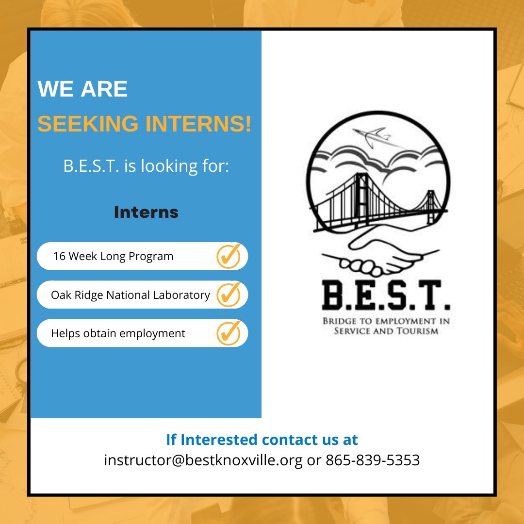 BreakthroughTN's tweet photo. The B.E.S.T program is looking for interns for this fall! 

Be sure to contact us via email or phone for more information. https://t.co/5DbURKBG7v