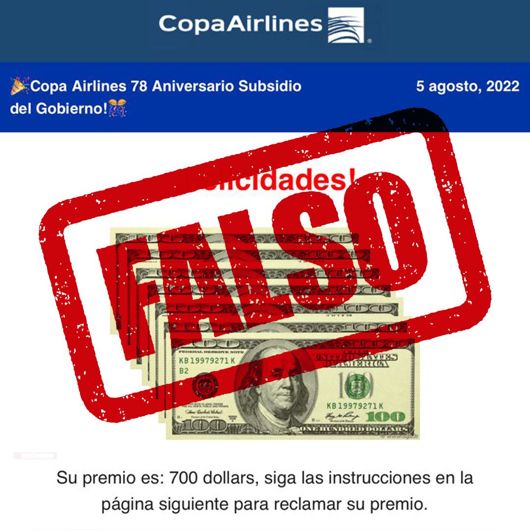 CopaAirlines's tweet photo. IMPORTANTE: Copa Airlines informa que esta supuesta promoción que circula por redes sociales es FALSA.  Evita fraudes vía mensajes o llamadas y utiliza nuestros canales oficiales de comunicación. 
#CopaAirlines https://t.co/LUjszUegwQ