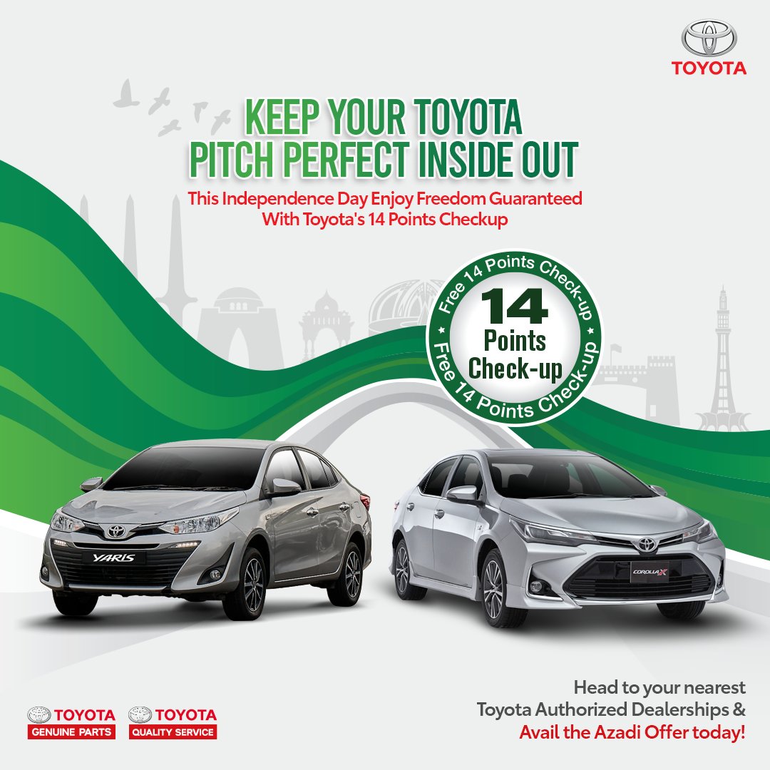 ToyotaPak's tweet image. Are you and your vehicle ready to celebrate Azadi? On this Independence Day, get guaranteed freedom with Toyota’s FREE 14-Point Vehicle Check-up. 
Head to your nearest Toyota Authorized Dealership &amp;amp; avail the Azadi Offer today! 

#ToyotaPakistan #AzadiOffer  #IndependenceDay
