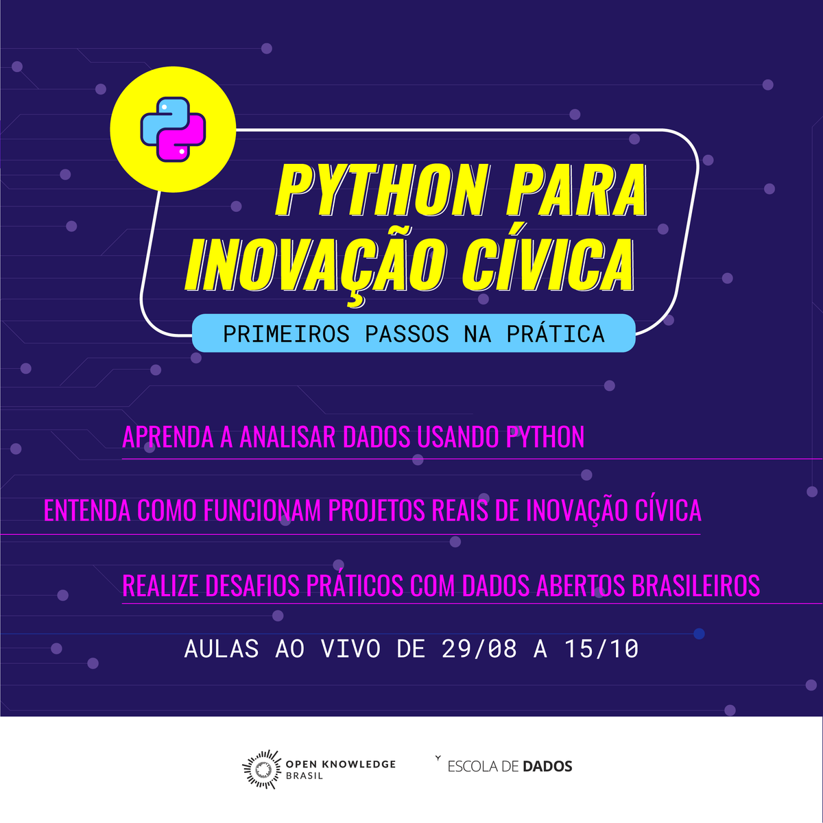 Quer aprender uma linguagem de programação que está em alta? Matricule-se no curso Python para Inovação Cívica! O treinamento oferece introdução à programação com atividades práticas. Inscreva-se! ➡️ buff.ly/3yLIUxD