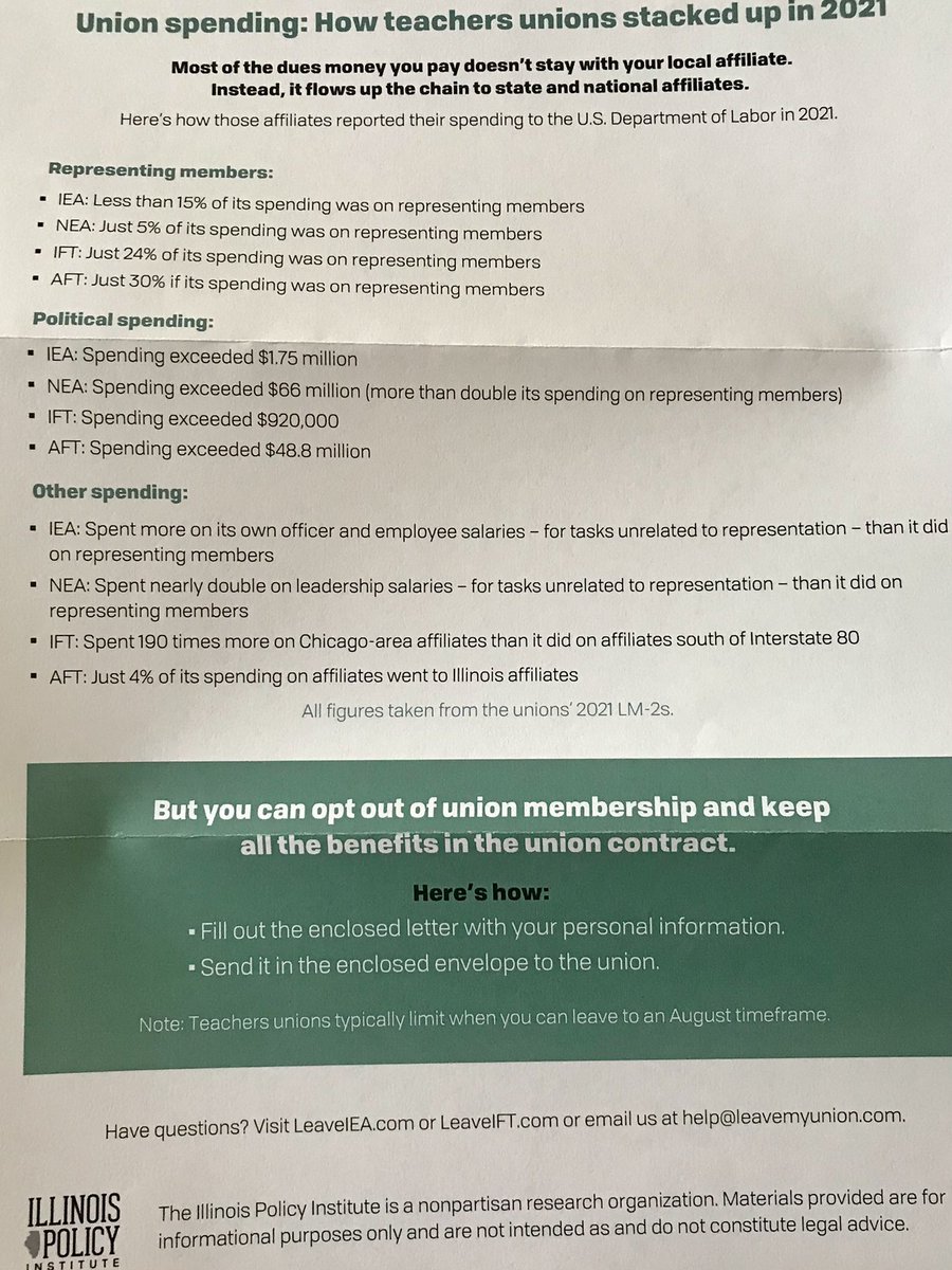 This is the BS propaganda the Illinois Policy Institute is sending to our union members. Without unions, there is no opportunity to negotiate salary, benefits, and working conditions. Vote YES in November for the Workers Rights Amendment!! #ift #aft #CTU