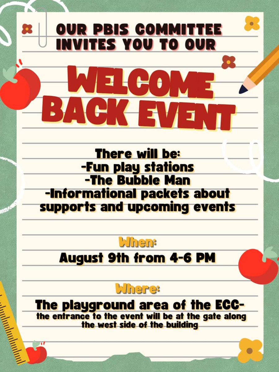 Hello ECC Families! Come join us at our PBIS Back to School  Event on Tuesday, August 9th from 4 - 6. It will be a great opportunity to meet some of the ECC staff and other families.