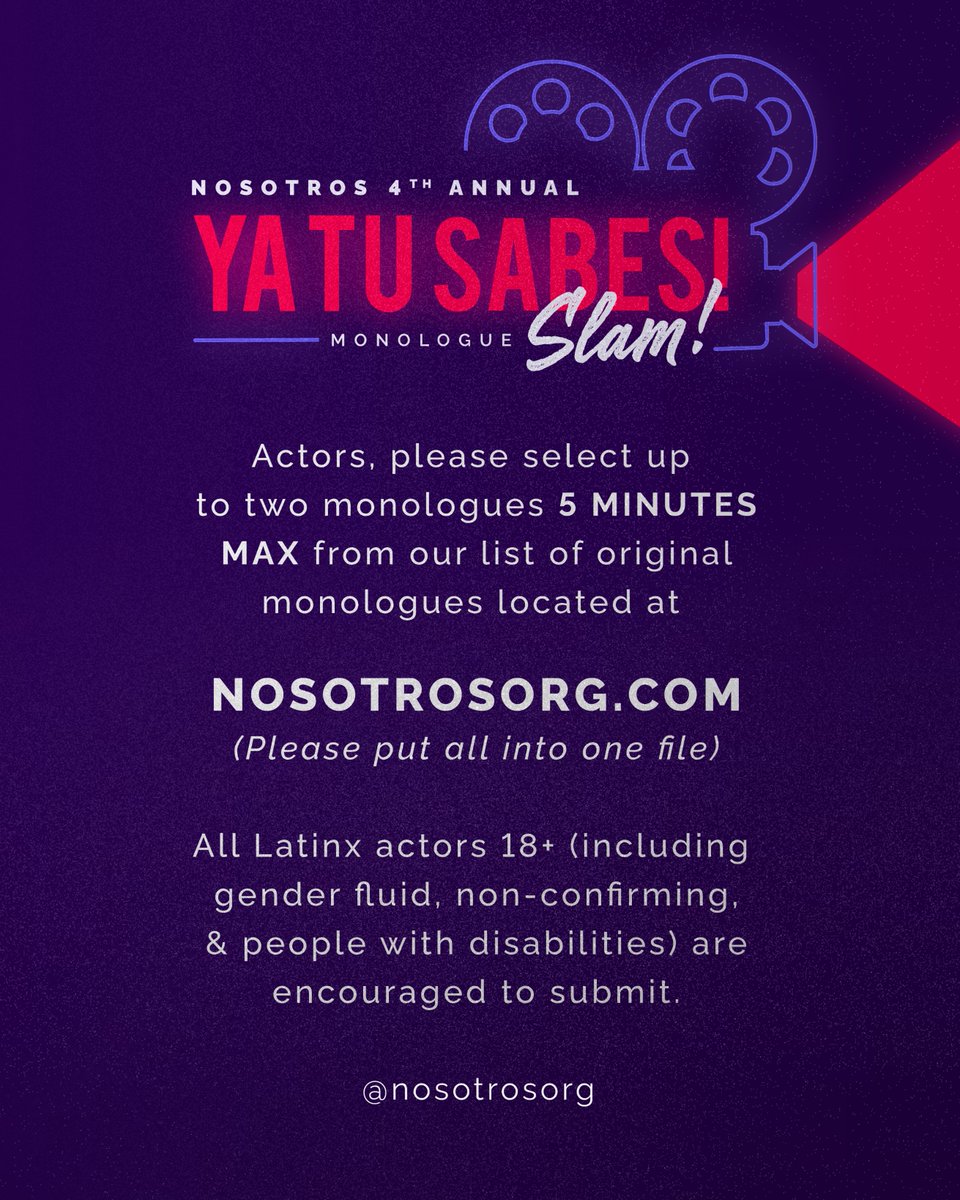 NosotrosOrg's tweet photo. ACTORS! ACTORS! ACTORS! 🔊
Self-tape submissions for our 4th Annual Ya Tu Sabes Monologue Slam presented by Nosotros and NBC are officially OPEN! ⁠⁠🎊
DEADLINE TO SUBMIT IS AUGUST 26TH, 2022 BY 11:59 PST  Link: https://t.co/21mP8r8D0E #actors  #monologueslam #nbcUniversal https://t.co/ePGywz7Gm7