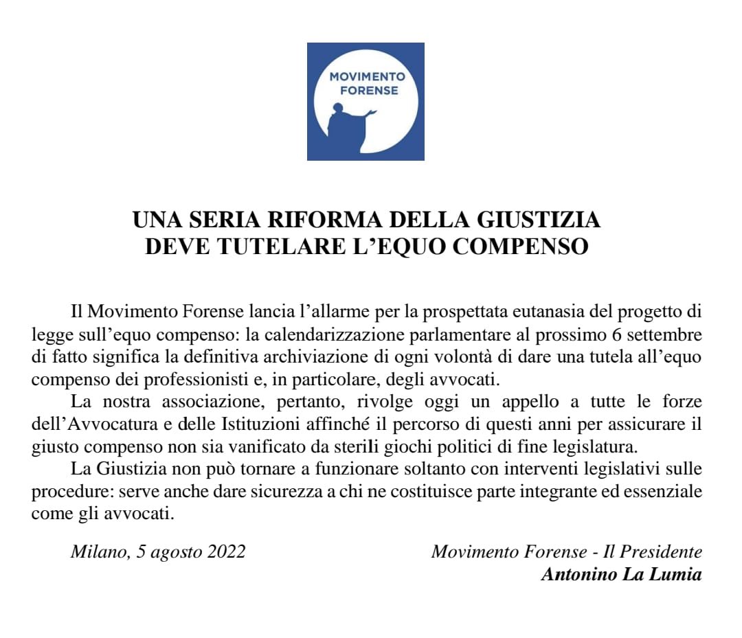 Movimento Forense #comunicatostampa #equocompenso <a href="/alalumia/">Nino La Lumia</a> <a href="/MCesali/">Massimiliano Cesali</a> <a href="/radiotribunale/">RadioTribunale</a>