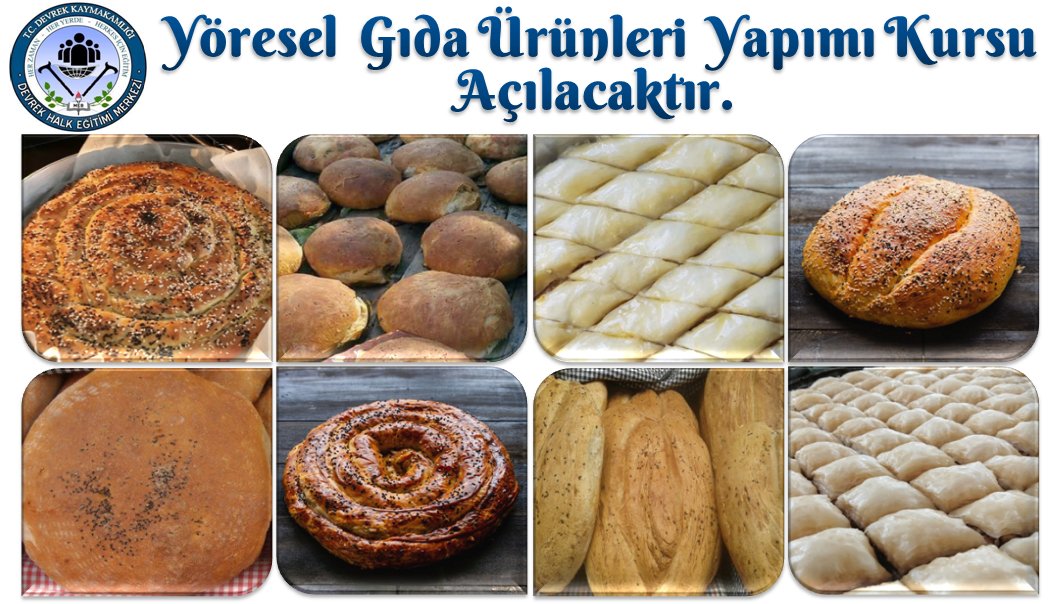 DevrekHem's tweet photo. Merkezimizce cevizli kömeç, beyaz baklava, köy ekmeği, Devrek çöreği gibi ünü ülke geneline yayılan, coğrafi işaretli, Devrek'imize özgü ürünleri üretimini içeren Yöresel Gıda Ürünleri Yapımı Kursu açılacaktır.Kursumuza kayıt olmak için sizleri de kurumumuza bekliyoruz. https://t.co/t3g3rETsAb