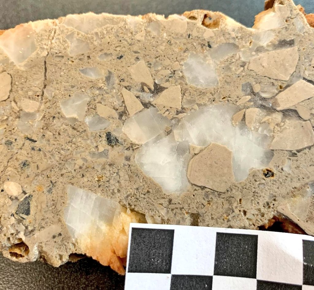 test Twitter Media - Fluorite cemented breccia with clasts of limestone, calcite, fluorite and sphalerite. Notice the late fluorite stringer vein. #breccia https://t.co/5EGWLpSrI9