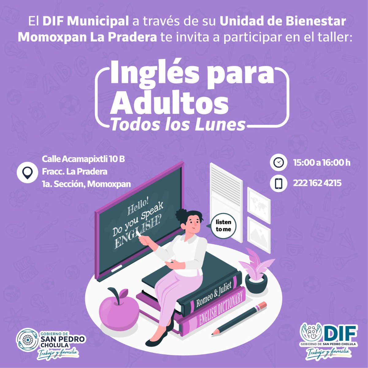 CholulaDIF's tweet photo. 👩🏻‍🏫 Atención | El #DIF municipal a través de la unidad de bienestar "La Pradera", te invita a participar en las clases de inglés para adultos impartidas los días lunes de 15:00 a 16:00 h, para comenzar o reforzar sus habilidades en este idioma.    🔜    🇺🇸    ¡Únete! https://t.co/z0oCBumev4