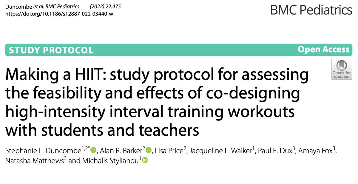 Steph Duncombe (@stephduncombe) on Twitter photo The protocol for my PhD study on co-designing and using HIIT in schools is now out in the world! 🎉
doi.org/10.1186/s12887…
Next up, some results.
<a href="/CRExPAH_UQ/">UQ CRExPAH</a> <a href="/CHERC_UoE/">Children’s Health and Exercise Research Centre</a> <a href="/QUEX_PhD/">QUEX PhD</a> <a href="/mstylianou1/">Michalis Stylianou</a> The protocol for my PhD study on co-designing and using HIIT in schools is now out in the world! 🎉
doi.org/10.1186/s12887…
Next up, some results.
<a href="/CRExPAH_UQ/">UQ CRExPAH</a> <a href="/CHERC_UoE/">Children’s Health and Exercise Research Centre</a> <a href="/QUEX_PhD/">QUEX PhD</a> <a href="/mstylianou1/">Michalis Stylianou</a>