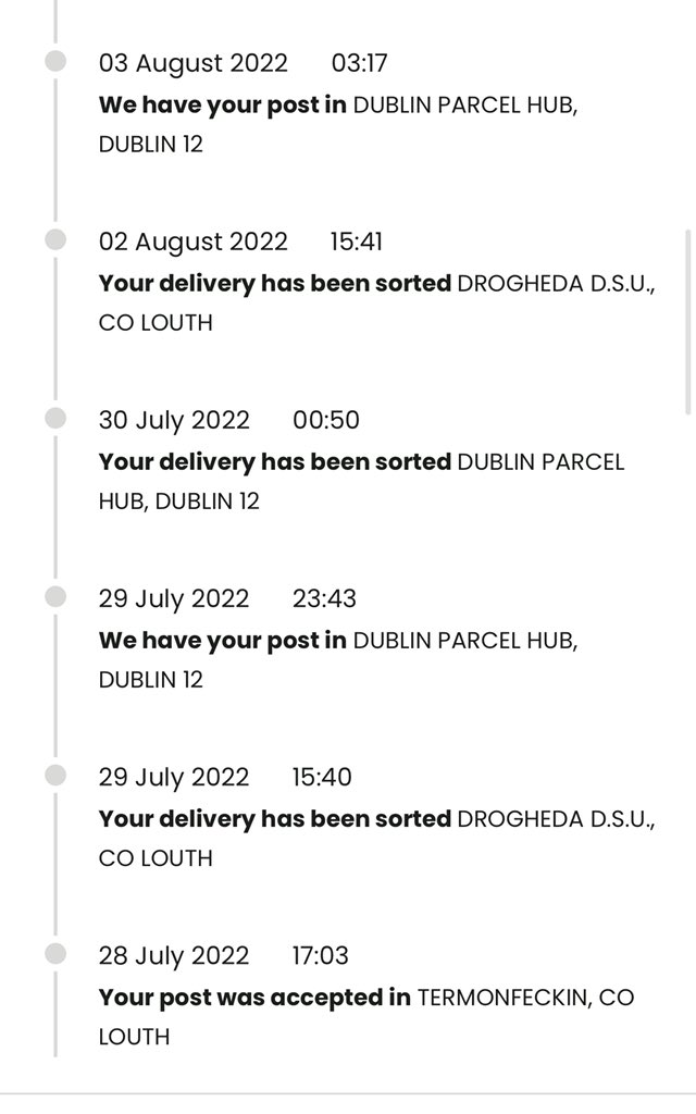 APV_______'s tweet photo. @Postvox my parcel is doing laps of Dublin to Drogheda, will it ever leave the country? Should we intervene? 👀 https://t.co/S1UtfuDMMT