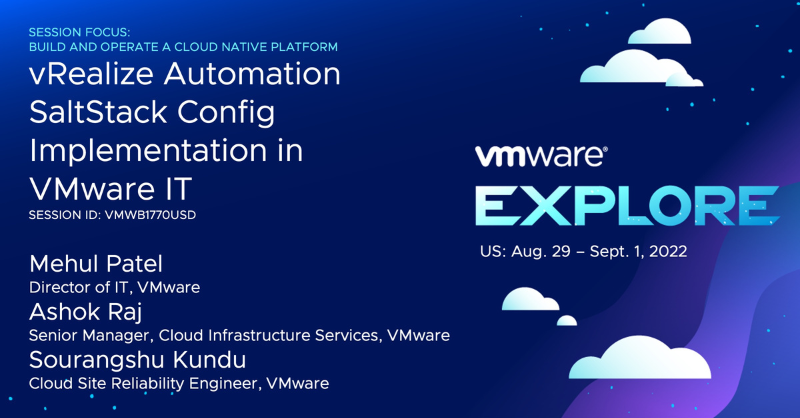 VMwareAriaAuto's tweet photo. Join us @VMwareExplore to learn how @vmwonvmw ๐ฉโ๐ป implemented #vRealizeAuto #SaltStack Config for Linux OS config management and automated app deployment, leveraging security vulnerability scan capabilities and maintaining security standards across #IT systems.
Register.