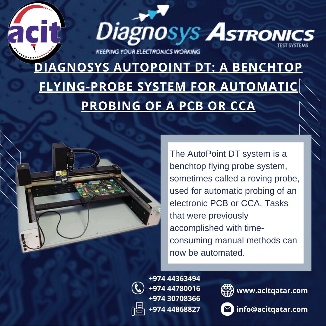 QatarAcit's tweet image. #DIAGNOSYS AutoPoint DT: A Benchtop Flying-Probe System for Automatic Probing of a #PCB or #CCA

For more visit 
acitqatar.com

#astronics #flyingprobesystem
 #testsolutions #electronicsystems #aerospaceanddefense #test #keepingyourelectronicsworking #acitqatar #qatar