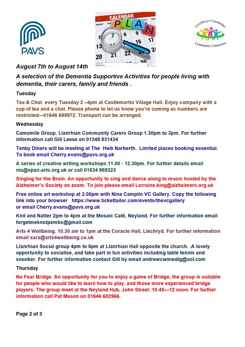 CCPembsDementia's tweet photo. Please take a look at all the #dementia #supportive different activities happening next week.....
For further information please email cherry.evans@pavs.org.uk https://t.co/XFLSJg8S7O