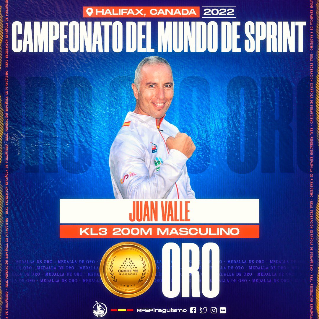 RFEPiraguismo's tweet photo. 🥇 ¡Llega la primera medalla para el #CanoESP! 

💨 JUAN VALLE se cuelga la MEDALLA DE ORO en el KL3 200. 

#SomosPalistas https://t.co/5yOvGTGSFz