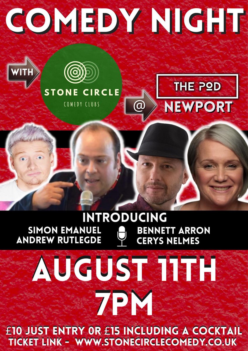 What a line up🤩

Last chance to get your tickets for our comedy night - Thurs 11th Aug, 7pm. 

Entry - £10 
Entry + cocktail - £15
Street food available to order throughout the show. 

To book your tickets pls visit stonecirclecomedy.co.uk

#thepod #newport #cardiff #comedynight