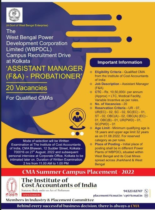 cmacourseupdate's tweet image. &quot;JOB NOTIFICATION&quot;

Recruiter :- 
TheWest Bengal Power Development Corporation Limited (WBPDCL) Campus Recruitment Drive at Kolkata

Post :- 
&apos;ASSISTANT MANAGER (F&amp;amp;A) - PROBATIONER&apos;

Vacancies :- 20

Qualification :- CMA

Follow our @cmacoursepage ❤️🎓