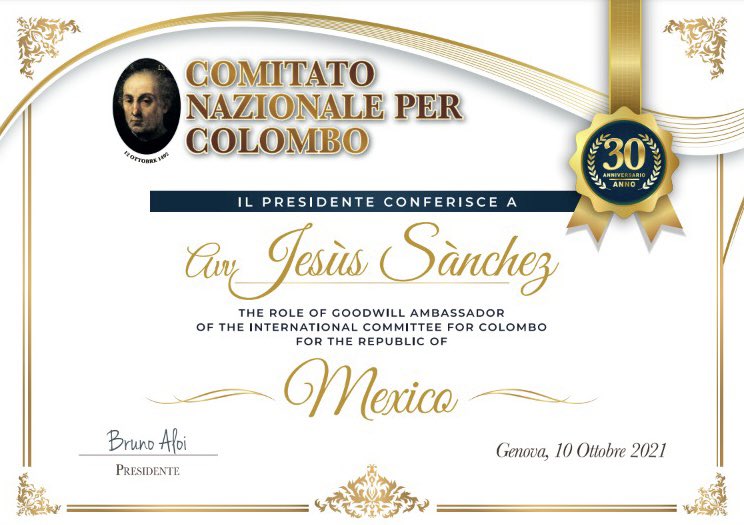 jesalsaga's tweet photo. Infinitamente agradecido con Bruno Aloi, presidente del Comitato Nazionale Per Colombo, por haberme distinguido con este reconocimiento tras mi participación en el foro jurídico internacional, para hablar del panorama de la política interior y exterior de nuestro querido #México. https://t.co/yZ6KhSTpco