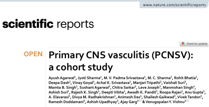 vishnuvy's tweet image. Our paper on Primary CNS Vasculitis Cohort published in @SpringerNature @SciReports Congrats @drayushagarwal Jyoti Sharma Prof.Ajay Garg and all our collaborators @AiimsNeurology @NSxAIIMS and NeuroRadiology departments @WorldStrokeOrg #vasculits  #stroke rdcu.be/cS7ib