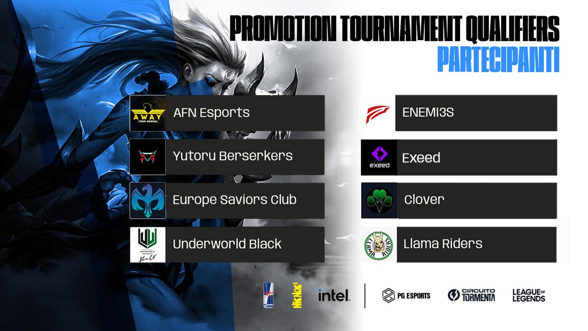 Ecco le 8 squadre che parteciperanno ai qualifier del Promotion Tournament 🔥 
<a href="/AFNofficial_/">AFN Esports</a> 🐯
<a href="/YutoruEsports/">Yutoru</a> ⛩
<a href="/EuropeSaviorsCB/">Europe Saviors Club ✨️</a> 🦅
<a href="/UwUnderworld/">UnderWorld Esports</a> 🧲
<a href="/ENEMI3S/">ENEMI3S</a> 👊🏻
<a href="/exeed_official/">exeed</a> 😈
<a href="/AnyClovers/">Clover</a> 🍀
<a href="/LamaRiders/">Llama Riders🦙</a> 🦙

#SiamoLaTormenta #circuitotormenta2022